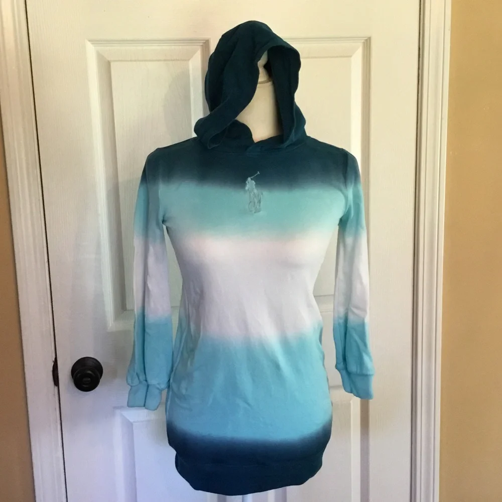 Ralph Lauren Boho Ombré Blue, Teal and White Hooded Tunic/Dress